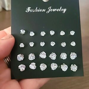 ♡ Valentines Gift ♡Heart Shaped Stud Zirconia 12 Pair Earring Set Silver
